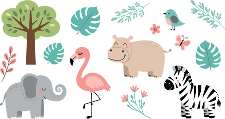 Cute safari animal illustration set with elephant, flamingo, hippo, zebra, tropical leaves, and playful nature elements in flat vector style