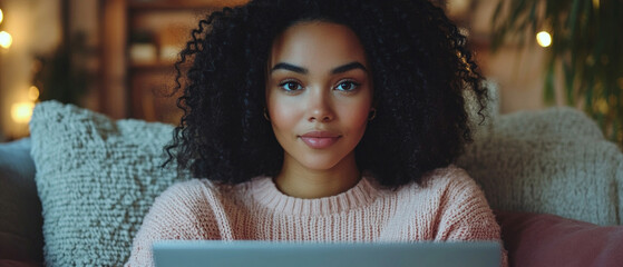 A girl with a laptop on a sofa in a cosy interior is suitable for decorating a work area as a background in articles about freelancing.