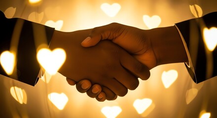Handshake between two people with heart bokeh background
