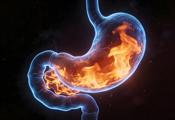 Anatomical 3d design showing burning stomach and digestive problems and health care concept