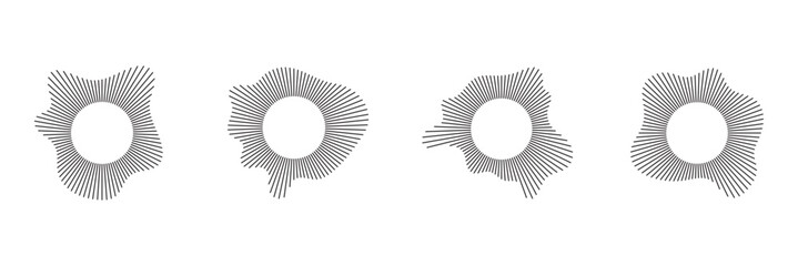 Circular shapes of sound waves, for audio music, round icons of voice, logos, equalizers, radials in spectrum, patterns in rings. Flat vector illustrations isolated on white background.