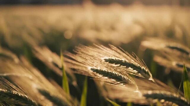 Golden barley field at sunset with gentle breeze creating a sense of peace and tranquility in nature