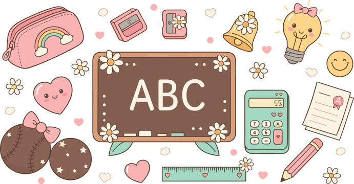 Cute school doodle illustration set with ABC board, stationery, calculator, pencil case, hearts, and playful education elements in pastel kawaii flat vector style