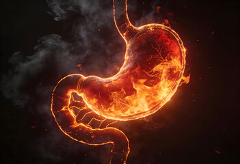 Digestive burning stomach with intense inflammation showing conceptual internal discomfort and painful abdominal heat and sparks