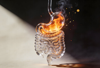 Transparent burning stomach with inflammation radiating intense heat and digestive system medical illustration