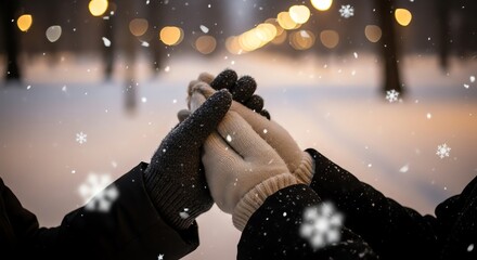 Holding hands in snow winter scene
