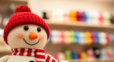 Knitted snowman with red hat and scarf