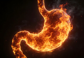 Burning stomach concept with fiery stomach representing painful digestive issues and acid reflux with realistic textures