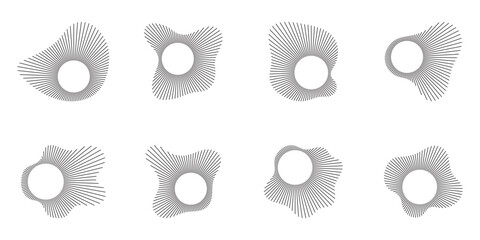 Circular sound waves. Abstract circular lines pattern. Music audio bursts. Ring of thin rays with wavy silhouette. Radial spectrum design. Geometric waveform vector illustration isolated on white.