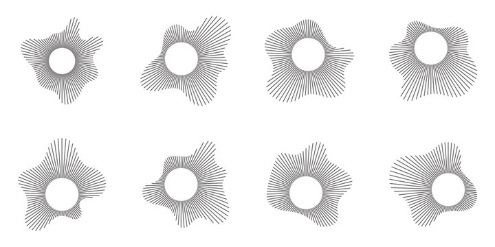 Circular sound waves. Abstract circular lines pattern. Music audio bursts. Ring of thin rays with wavy silhouette. Radial spectrum design. Geometric waveform vector illustration isolated on white.