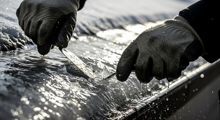 Man scraping ice from car windshield winter