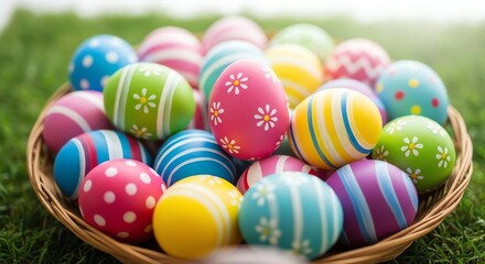 Fototapeta premium Colorful Easter eggs in a wicker basket