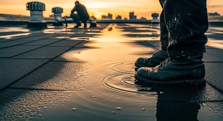 Man standing on rooftop with water reflection