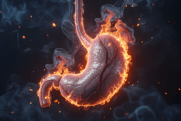 Anatomical illustration showing burning stomach caused by gastrointestinal issues and acid reflux with visible flames