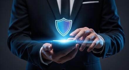 Man holds smartphone displaying glowing blue shield icon in dark setting
