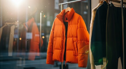 Orange puffer jacket on display in store window