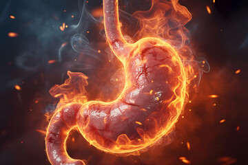 Burning sensation heartburn from stomach representing acid reflux digestive issues discomfort in abdominal inner region anatomy body system illness