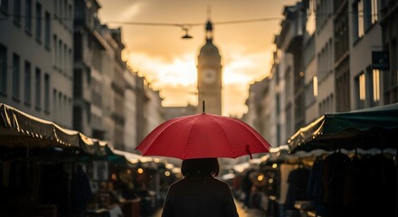 Person with umbrella in city street at sunset