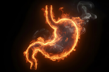 Representation of fiery burning stomach as a digestive problem and health concept, with realistic visual effect on dark background