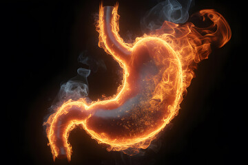 Realistic image of burning stomach, illustrating digestive problems and health, in dark background with realistic fire and smoke