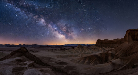 Obraz premium Vast Milky Way Galaxy Over Arid Desert Landscape Photography Under Starry Night Sky, Cosmic Wonder and Natural Beauty