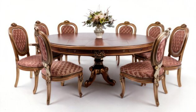 Elegant dining set with round table and ornate chairs.