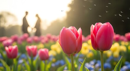 Pink tulips and daffodils in a spring garden
