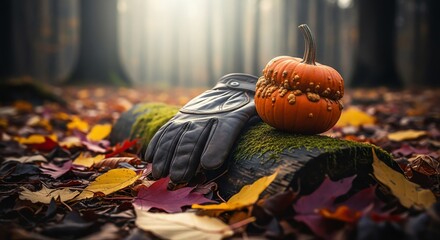 Pumpkin and glove on mossy log in autumn forest