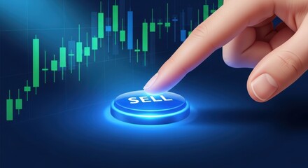 Finger pressing the glowing sell button on a dark blue financial market chart interface