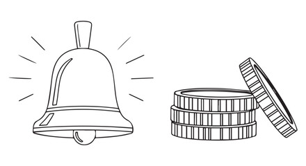 A black and white illustration of a ringing bell and a stack of coins.