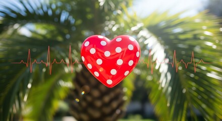 Red heart with polka dots and heartbeat graphic