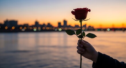 Red rose held against city skyline sunset