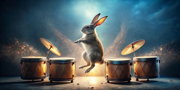A whimsical bunny mid-leap, seemingly about to perform an impromptu drum solo on a gleaming, vintage drum set, surrounded by magical dust particles.