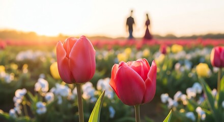 Red tulips in flower field with couple in background