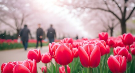 Red tulips and cherry blossoms in spring garden