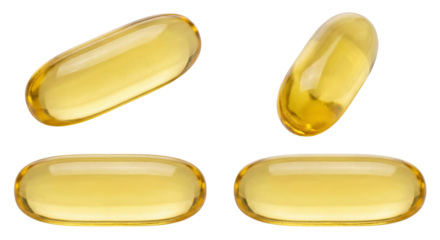 Four Transparent Yellow Fish Oil Capsules Isolated on White Background
