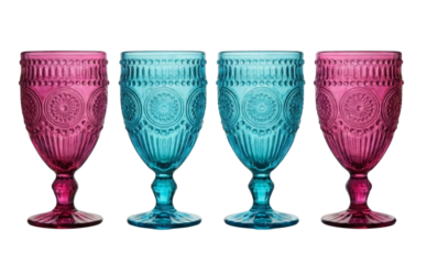 Set of 4 colorful vintage embossed wine glasses on white background