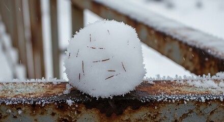 Snowball on rusty metal surface winter scene