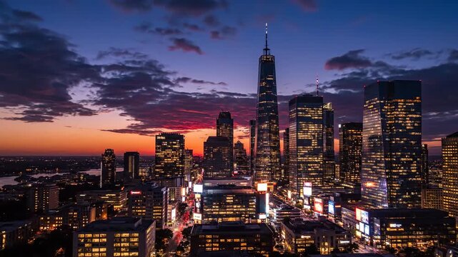 Urban skyline at sunset cityscape silhouette highrise buildings
