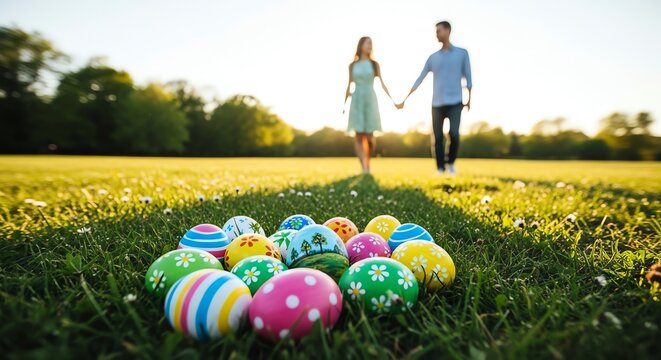 Couple walking in field with decorated Easter eggs