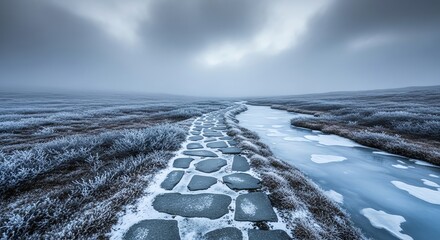 Stone path alongside stream in frosty landscape