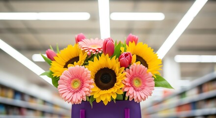 Sunflowers and tulips in a purple vase