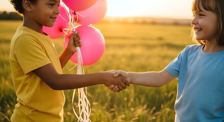 Two children shaking hands in a grassy field