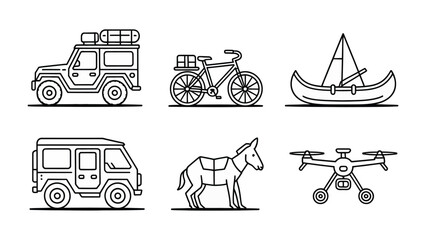 Adventure Line-up: A collection of simple line drawings showcase different means of transport and adventure, perfect for travel themes. © abidakhatun