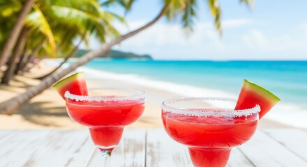Watermelon margaritas on beach with palm trees