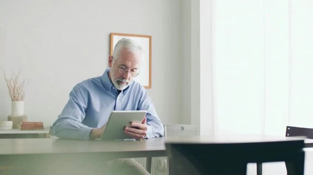 Senior man reviewing personal finances on tablet at home office