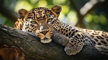 Leopard resting on a tree branch with alert expression