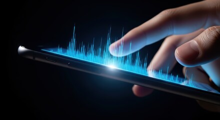 Hand touching digital screen displaying blue sound equalizer on a dark background