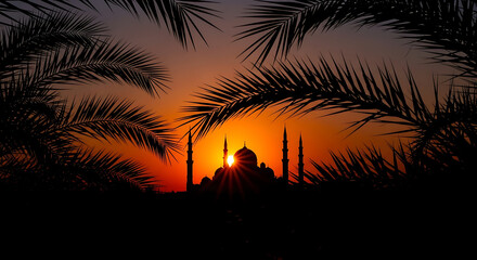 Sunset view of mosque through dark palm leaves