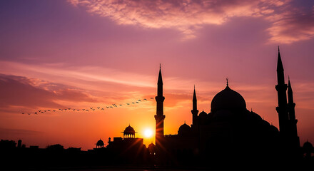 Mosque silhouette with birds flying at purple sunset
